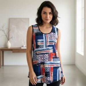 FITWELL Abstract Print Sleeveless Top – Geometric Brushstroke (Blue/Red) Size XL